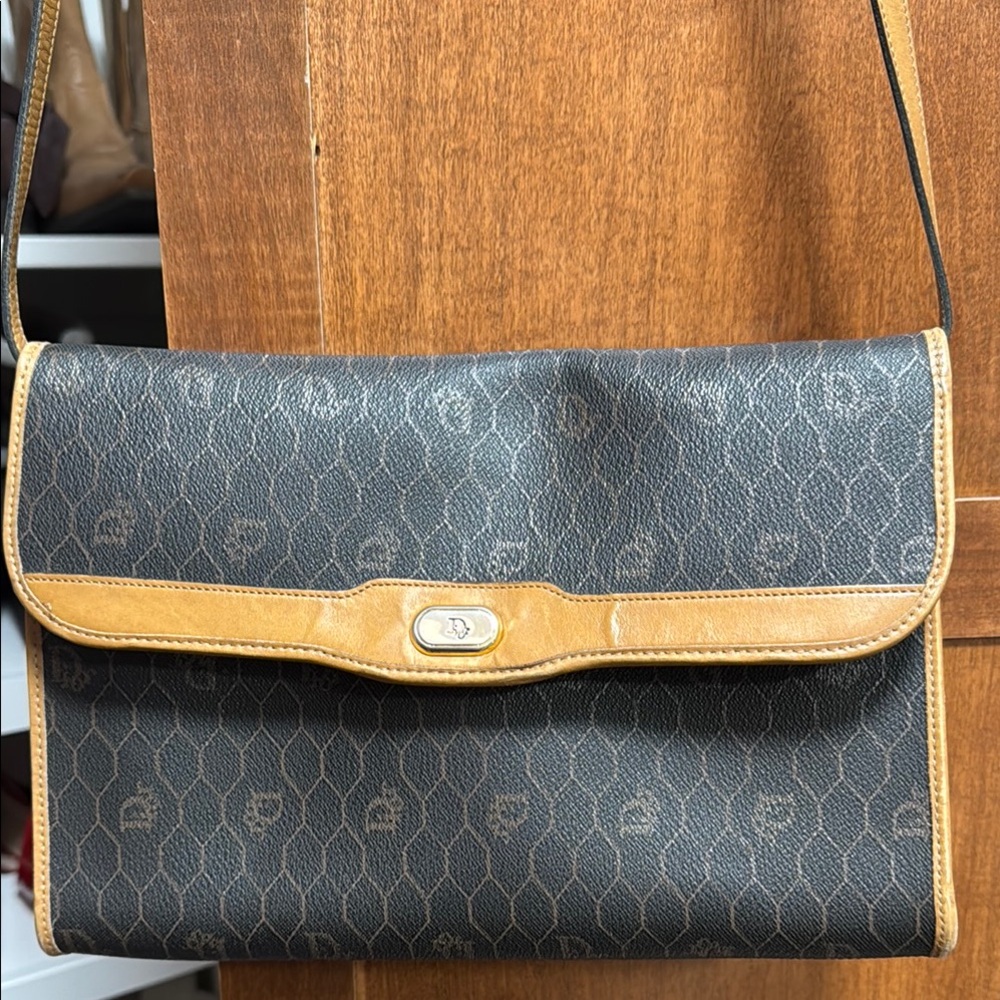 Vintage Dior Black and Tan Messenger Bag with Classic Monogram